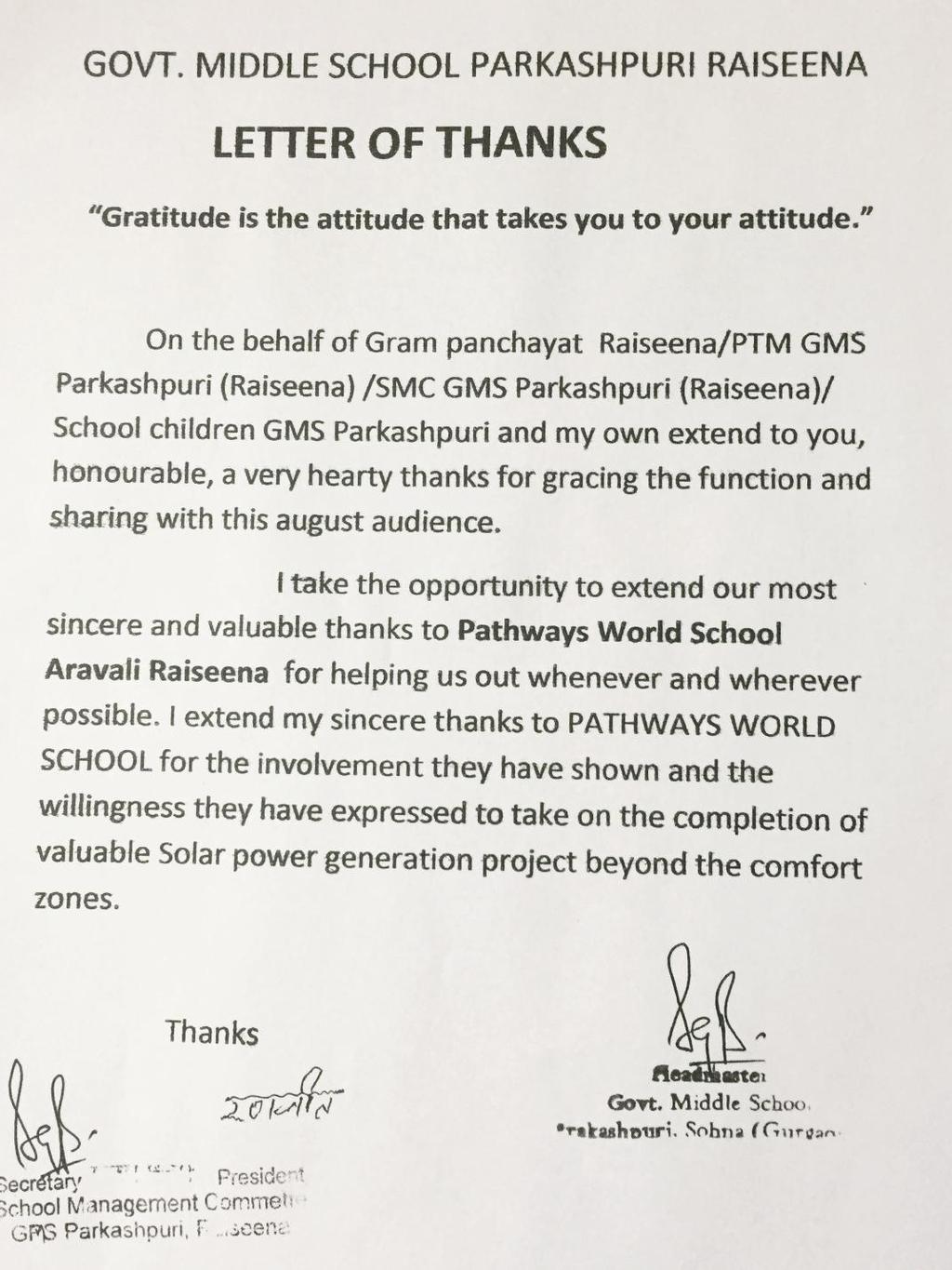 Letter of appreciation from Govt.