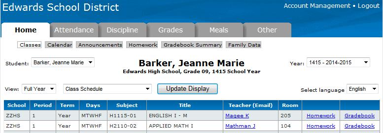 From the class schedule, access the Homework and Gradebook for each class by clicking the appropriate link.
