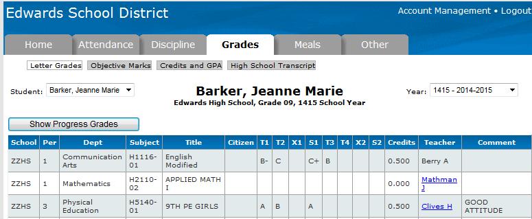 Grades Tab Letter Grades All grades for the year for the student are displayed on this page.