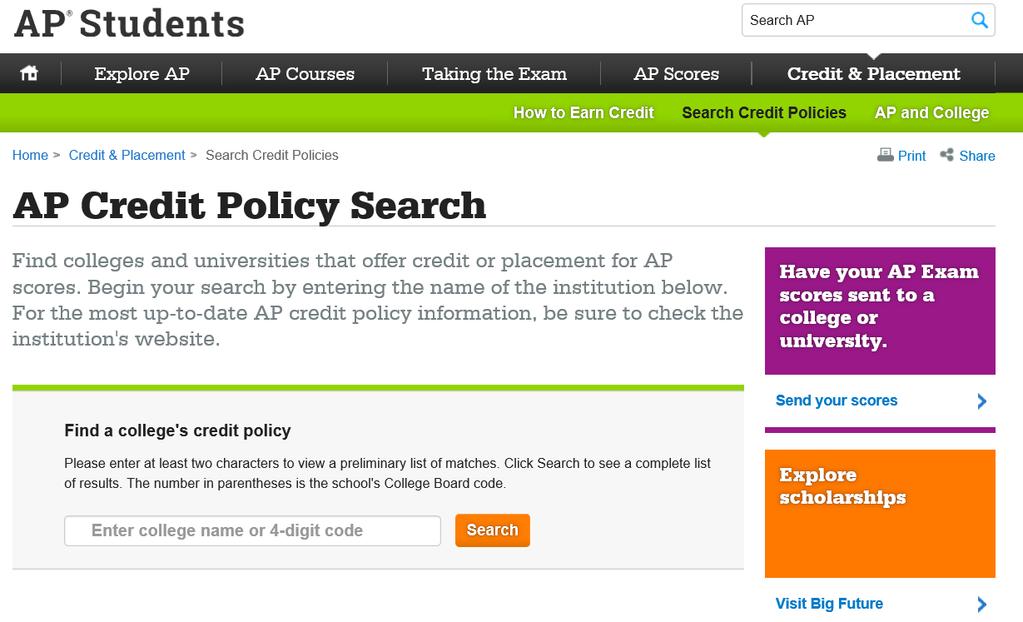 The College Board offers information about AP credit at thousands of