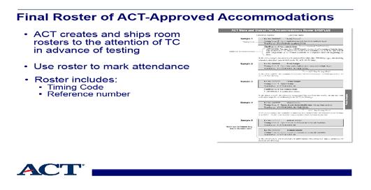Slide 10 - Final roster of ACT-Approved Accommodations Slide notes: ACT creates final rosters listing all ACT-Approved Accommodations in advance of testing.