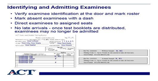 Slide 12 - Identifying and admitting examinees Slide notes: Staff must verify the identity of each examinee, mark attendance on the roster, and then admit examinees into the testing room.