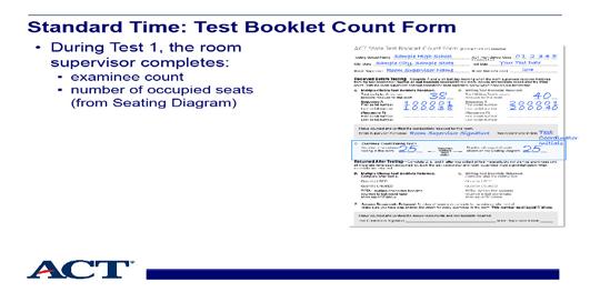 Slide 27 - During testing: Test Booklet Count Form Slide notes: Also during Test 1 in standard time rooms, the room supervisor needs to count the examinees