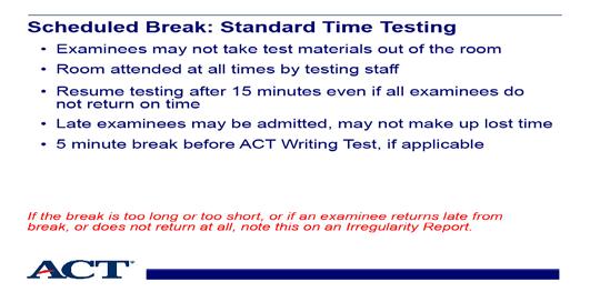 Slide 29 - Scheduled break: standard time testing Slide notes: Examinees cannot take booklets or answer documents from the testing room.