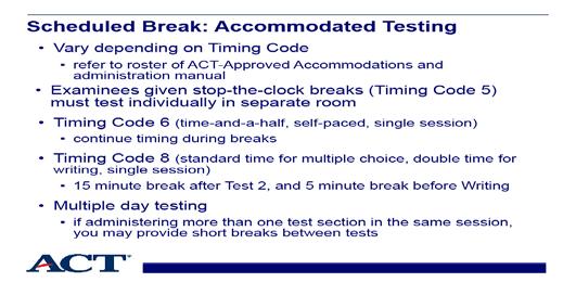 Slide 30 - Scheduled break: accommodated testing Slide notes: For accommodated testing, the allowed time and number of breaks will depend upon the timing code authorized.