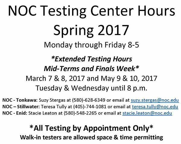 NOC extended testing center hours announced for mid-terms & finals week NOC Regents Meet at Tonkawa At their Jan.