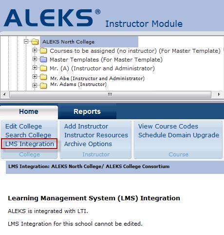 When the LMS integration is set at the college consortium level, the school level integration page indicates that the integration has been set and cannot be edited.