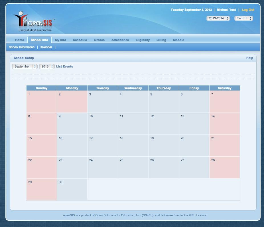 School Calendar The School Calendar is a place where the dean may display important informadon such as the term
