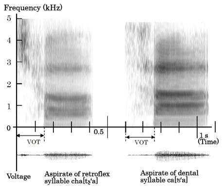 Fig. 1 Spectrograms of aspirated retroflex affricate cha[tʂ a] (left) and aspirated dental affricate ca[ʦ a] (right) pronounced by Chinese speaker The left spectrogram is for the aspirated retroflex
