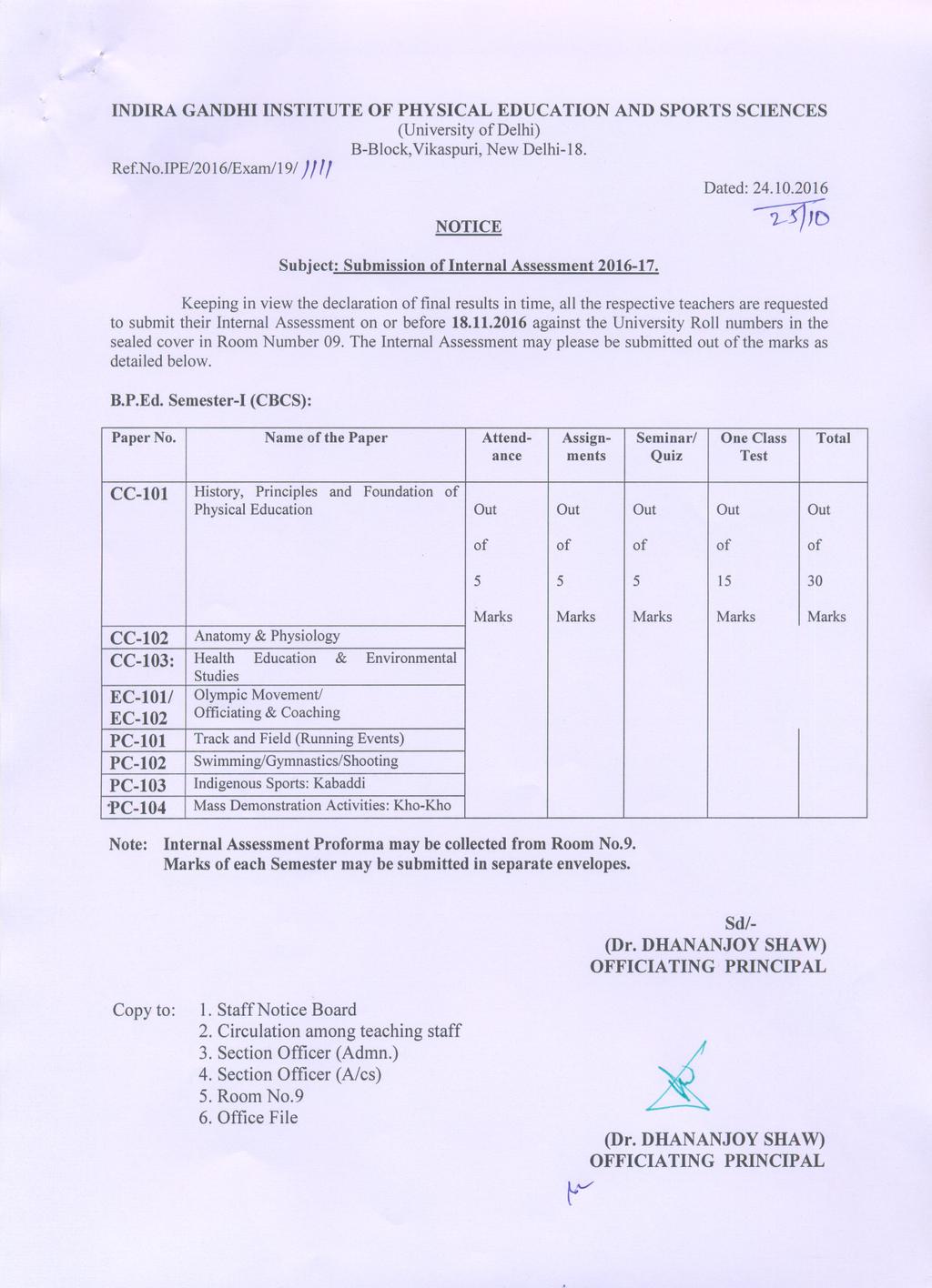 ", B-Block,Vikaspuri,New Delhi-IS. Ref.No.IPE/2016/Exam/19/ J!" B.P.Ed. Semester-I (CBCS): Paper No.