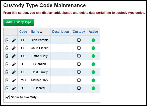 Define Custody Type Codes (optional) With the district in context, verify that appropriate Custody Type Codes have been defined, if desired.