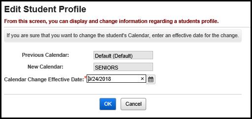 Navigation: StudentInformation SIS Student Edit Profile General tab If you change the Attendance Calendar on this screen, a confirmation screen will