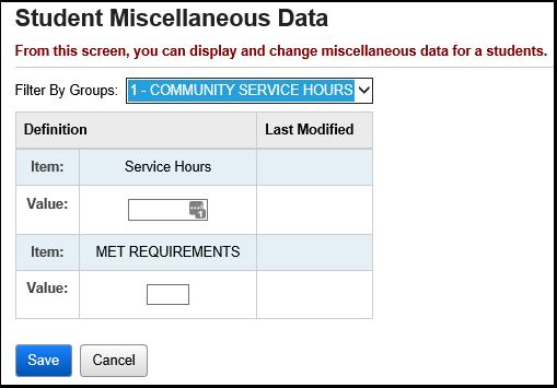 Enter Student Miscellaneous Data Select a Miscellaneous Group from dropdown menu, to add student Miscellaneous Data.