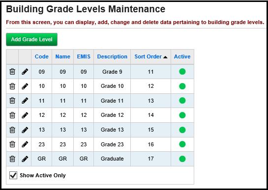 Define Building Grade Levels With the building in context, verify that appropriate Building Grade Level Codes have been defined and mapped to the appropriate district Grade Level Codes.