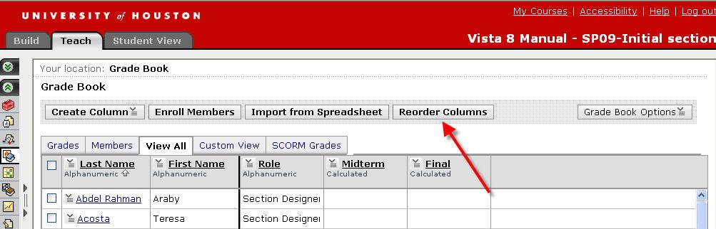 2. Click on the Reorder Columns button above the grade book list.