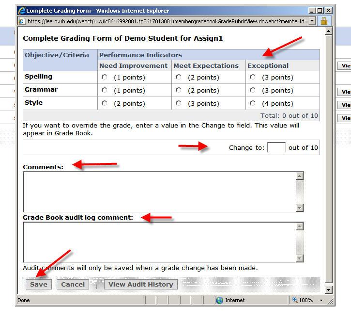 12. Select Editing Grading Form Grade for each individual student. 13. A new window appears with the grading form.