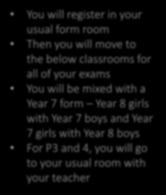 with Year 8 boys For P3 and 4, you will go to your usual room with your teacher Form Exam Room