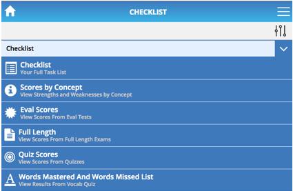 Tracking Your Progress The downward pointing arrow on the Checklist page gives you quick access to statistics and details that let you track your progress through the Method Test Prep program.