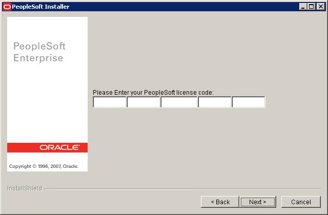 PeopleSoft Installer - License Code page 6. In the License Code field, enter your PeopleSoft license code. 7. Click Next.