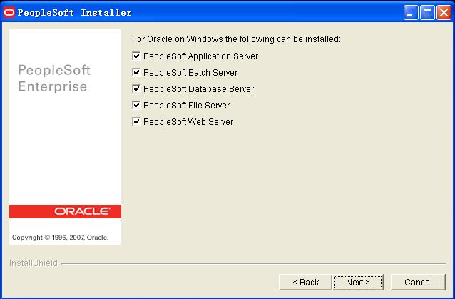 8. Select the database install option that is based on your existing PeopleSoft HRMS 9.0 installation. 9. Click Next. The PeopleSoft Installer Oracle on Windows server option page appears.