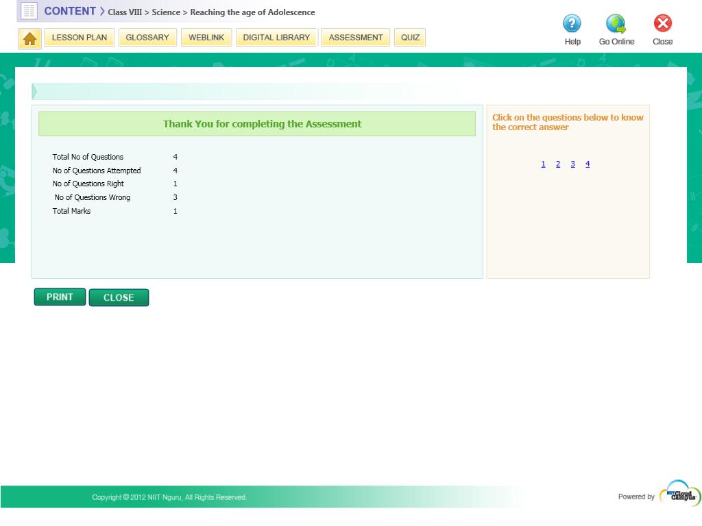 viii. The test gets evaluated. A result screen appears immediately after submission. It shows student marks with few other details.