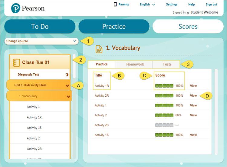 Take a tour Scores In the Scores section you can see your results for practice activities, homework, and tests. Change course allows you to switch between your courses.