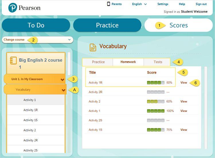 Checking your scores Getting Started When you complete an activity, you can see your result in the Scores section. To check your scores: Click on Scores.