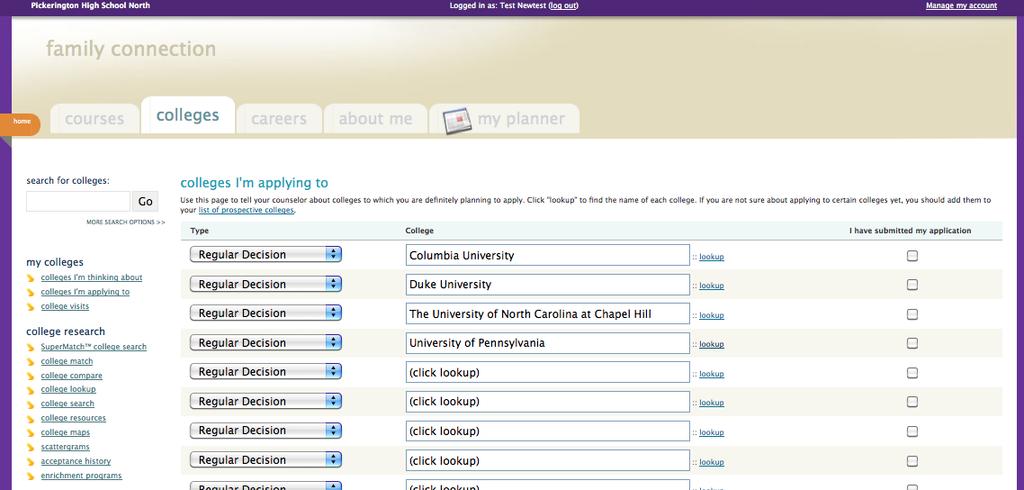 Identifying Prospective Colleges Select lookup.