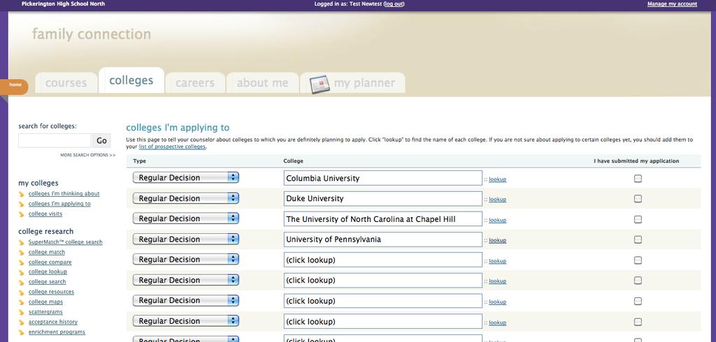 Identifying Prospective Colleges Select lookup.