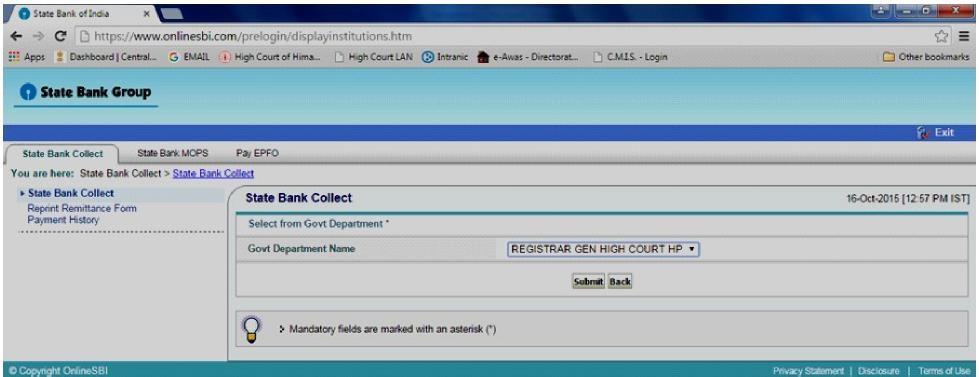 STEP-3 Next step is to select the only available option of Registrar Gen High Court HP in next page and then click on Submit button.