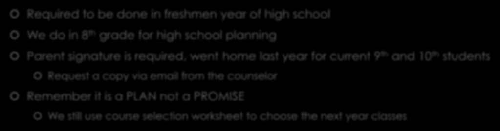 Four Year Plan Required to be done in freshmen year of high school We do in 8 th grade for high school planning Parent signature is required, went home last year for current