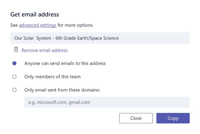 2. You can click the advanced settings link in the Get email address window to limit who can send emails to the team (for example anyone, only team members, or only emails sent from