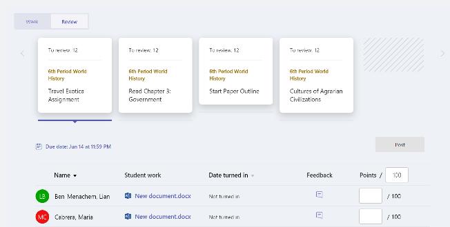 3. To Review and Grade students work, head back to the Assignments tab in your class. Select Review to see all the Assignments your students have turned in.
