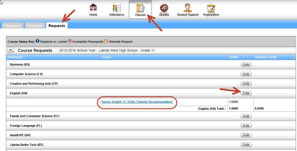 1 Select the Requests tab on the Classes Page 2 - Teacher Recommendations appear as blue hyperlinks by the Department.