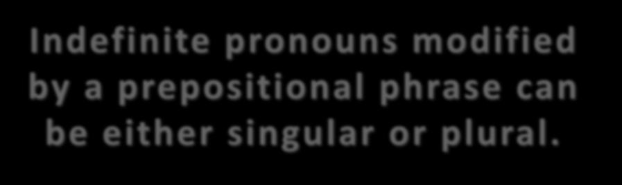 Indefinite pronouns modified by a prepositional phrase can be either singular or plural.