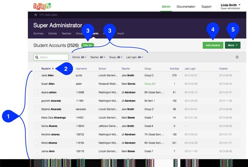 Overview of the Admin Interface 15 List Navigation The navigation layout for lists is the same in the Schools, Teachers, Groups and Students tabs. 1. Items: Click the names of the schools, teachers groups or students contained in the list to access them.