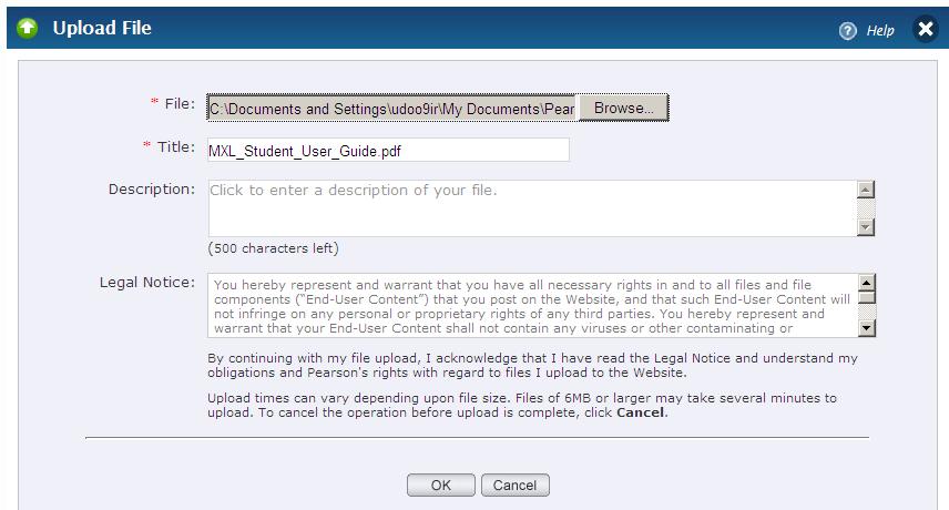 2. Upload a document. On the Course Documents page, click Upload File. Click Browse in the Upload File page and locate a PDF file on your computer. Edit the title of the file if needed.