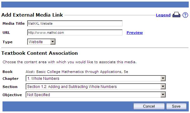 Note: Your media file is not uploaded to the MathXL server. Instead, the file must be uploaded to an external server and students link out to the file from the media assignment. 3. Save your changes.