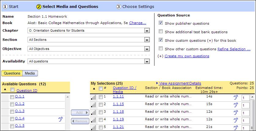 3. Copy a sample homework assignment. Select Copy from the Actions dropdown list to the right of the Section 1.1 Homework assignment and click Go.