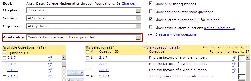 Notice that the Available Questions list is filtered to show the questions from objectives on the companion test.