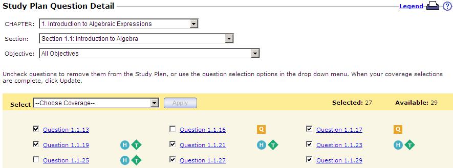 On the Study Plan Question Detail page, filter the list of questions by chapter, section, or objective. Click a question title to preview the question.