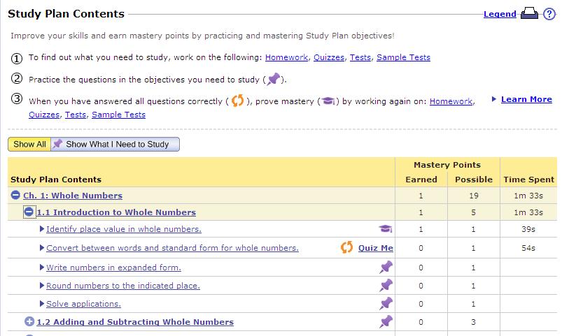 Click a student s name to view the Study Plan for that student. You can see the student's recommendations page showing the next objectives to practice and master.