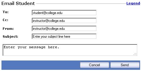 Edit or enter the information on the Email Student window and click Send to transmit the message to the student.