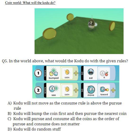 examples from three different students think-aloud interviews of their explanations for choosing option A and show students directly referencing and stating the 2 nd Law of Kodu while explaining
