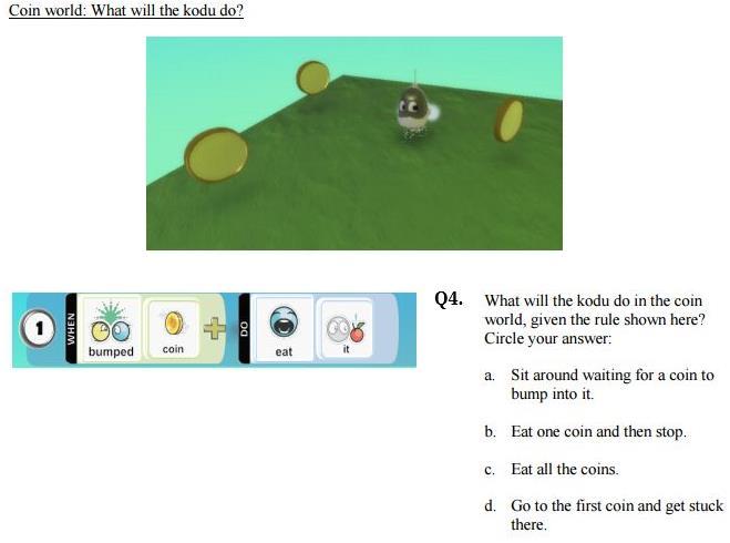 Figure 7-9. Session-2, Post-Assessment Q4 Based on the 2 nd law, the correct answer of Q4 (Figure 7-9) is option A ( Sit around waiting for a coin to bump into it ) as the kodu will not move.