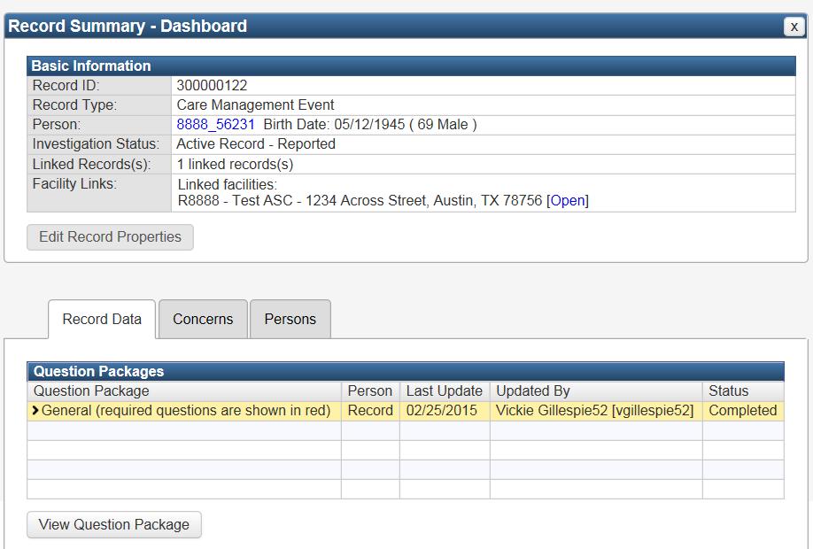 PAE Data Entry The Record Summary Dashboard page will now display. This is the record for the PAE you have just created.
