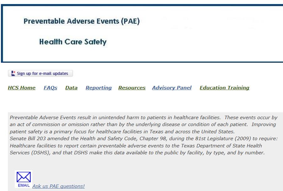 Link to HAI/PAE Public Reports This is the PAE website at www.paetexas.