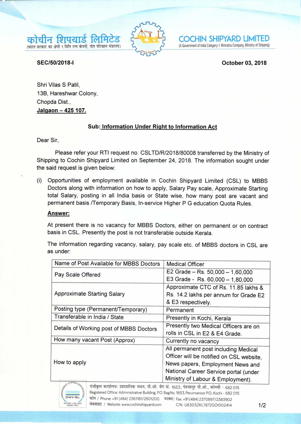 COCHIN SHIPYARD UMITED (A Government of India Category-l Miniratna Company, Ministry of Shipping) SEC/50/2018-1 October 03, 2018 Shri Vilas S Patil, 13B, Hareshwar Colony, Chepda Dist.