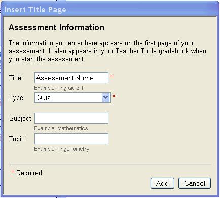 3. In the Insert Title Page popup, provide appropriate information in Title / Type fields.