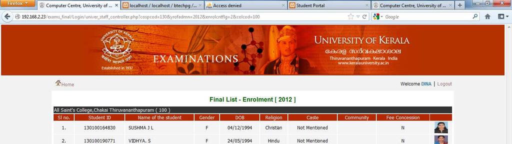 Click on the Enrolment link from the Final List menu of the user s home page.